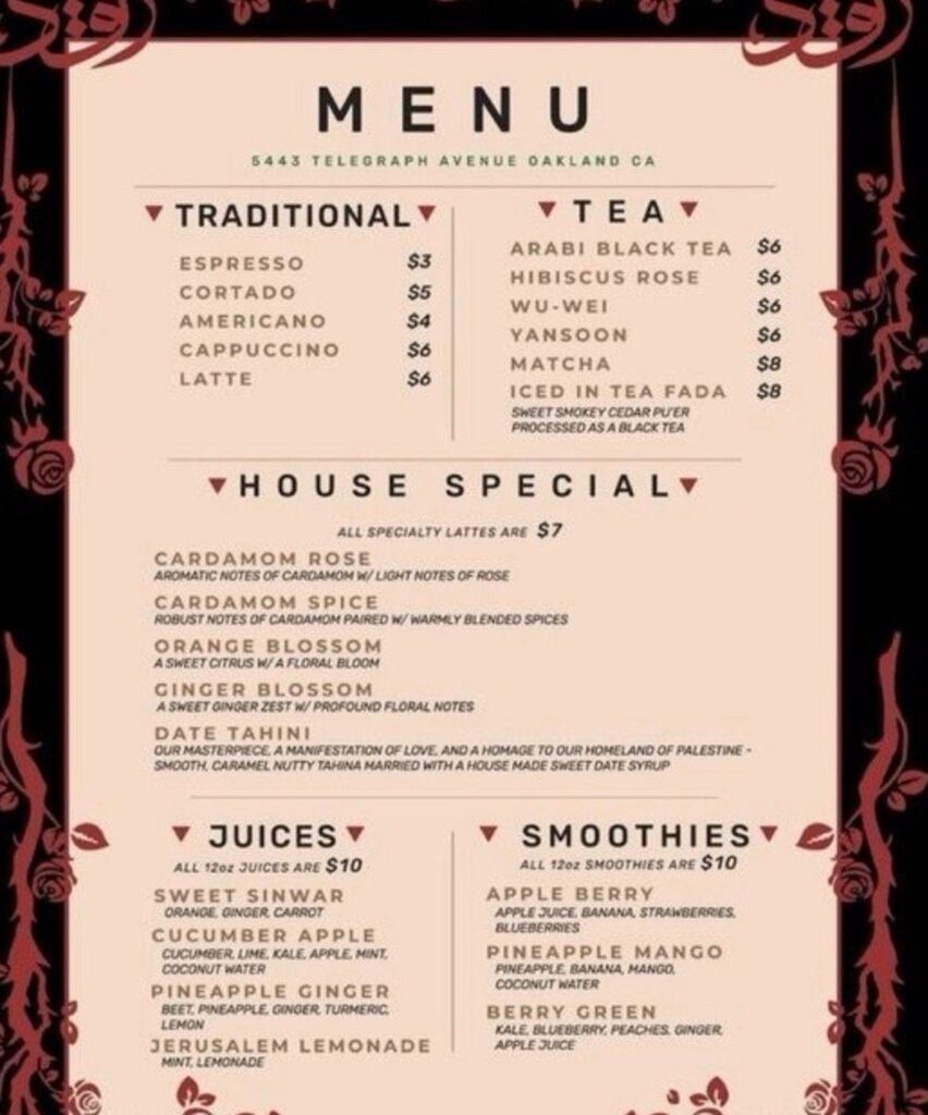 »Iced In Tea Fada« und »Sweet Sinwar«: Getränkekarte des Jerusalem Coffee House