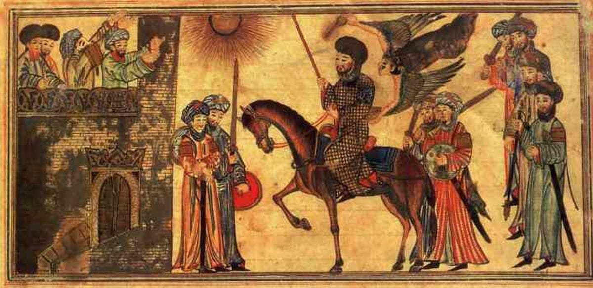 Mohammed unterwirft die Banu Nadir. Aus dem Dschami' at-tawarich, 14. Jhdt.