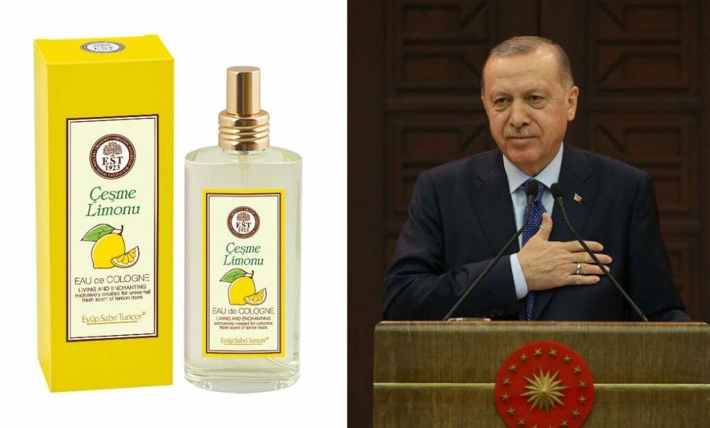 Türkisches Kölnischwasser, Erdogan grüßt mit Hand auf der Brust