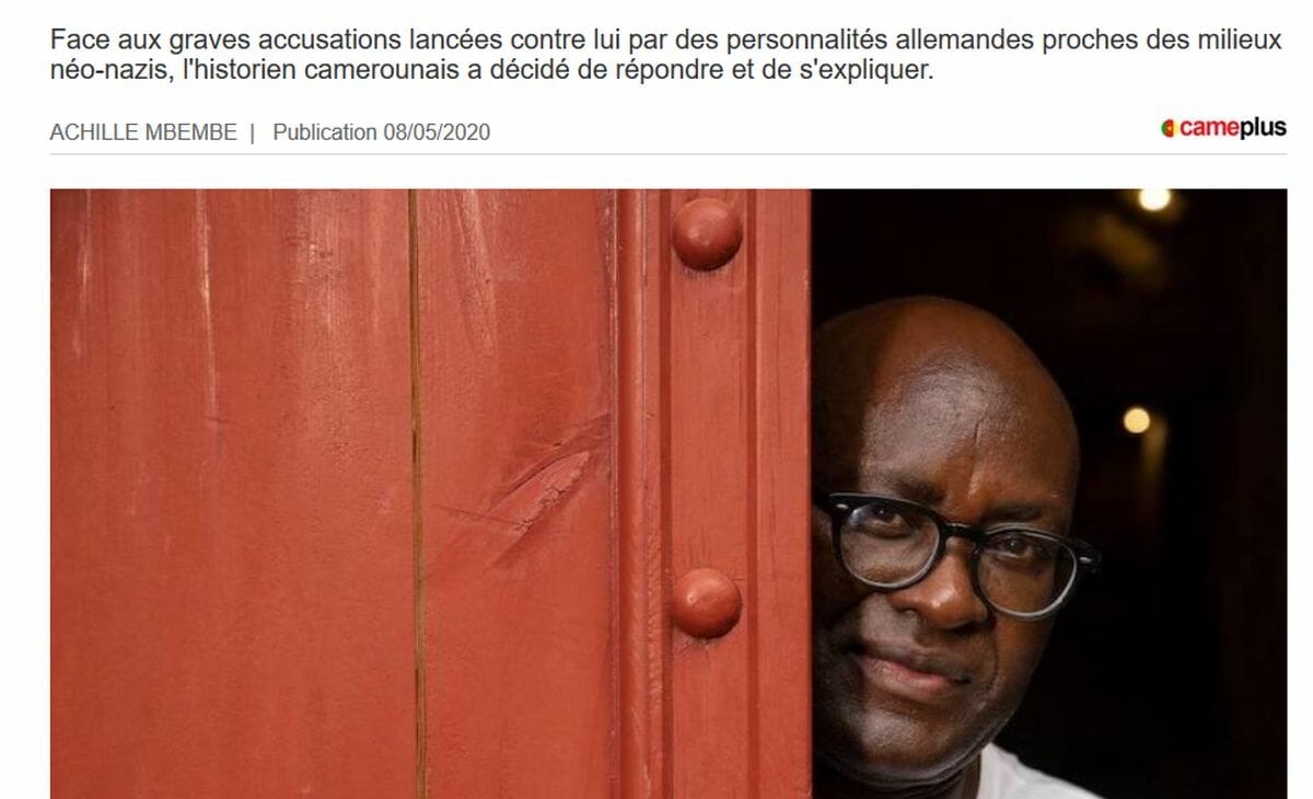 Artikel von Achille Mbembe in der Zeitung CamePlus, die Mbembe-Kritiker „neo-nazistischen Kreisen“ zurechnet