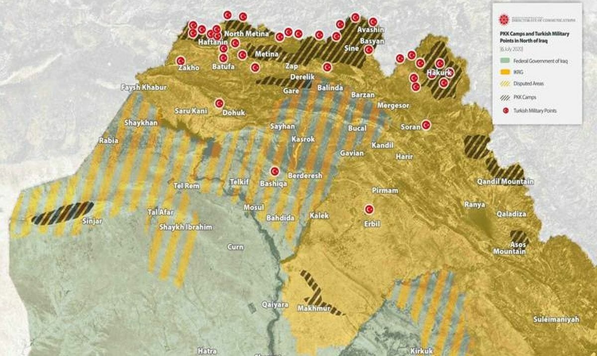 Die von der türkischen Präsindentschaft veröffentlichte Katrte mit 40 Militärstützpunkten im Nordirak
