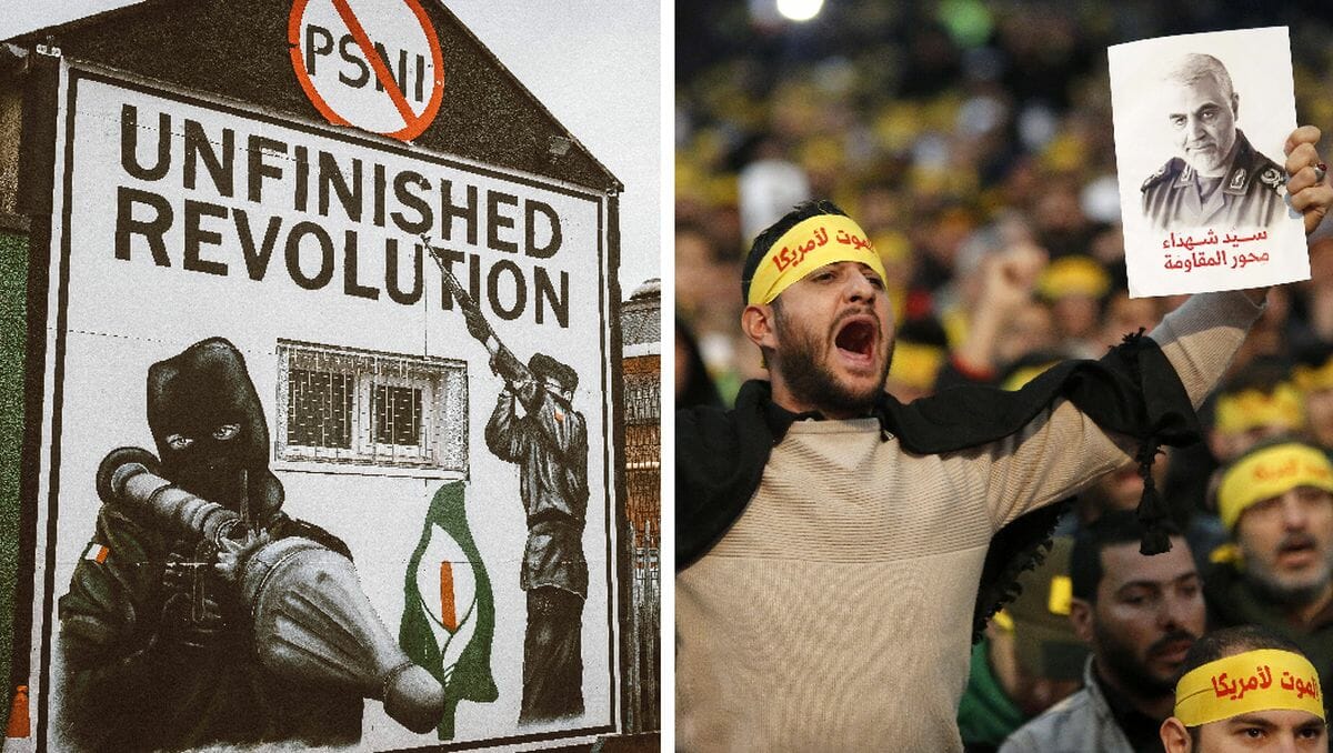Wandbild der Neuen IRA, Hisbollah-Trauerfeier für Qassem Soleimani