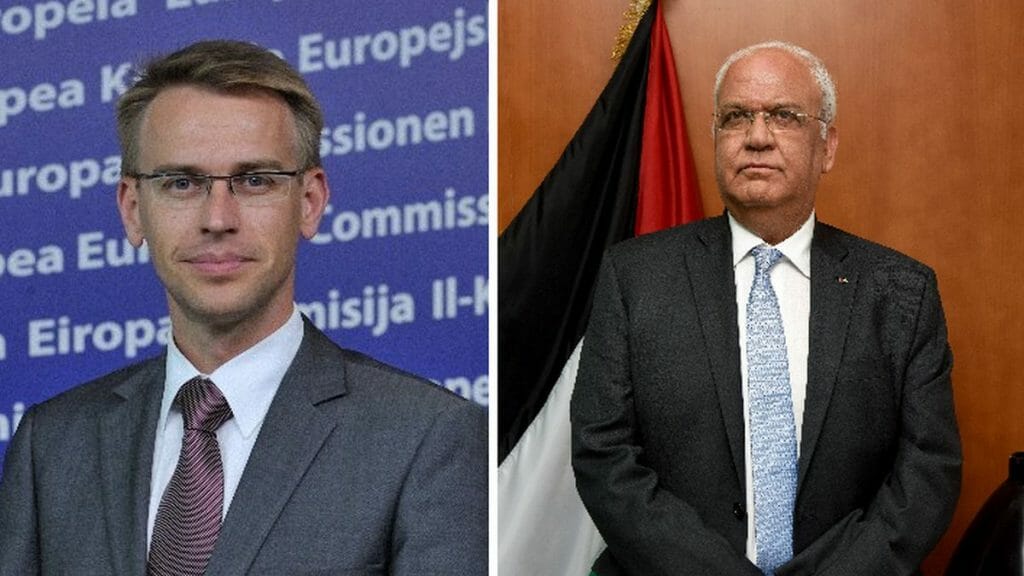Außenpolitischer Sprecher der EU Peter Stano und Chefunterhändler der Palästinensischen Autonomiebehörde Saeb Erekat kritisieren Serbien und Kosovo