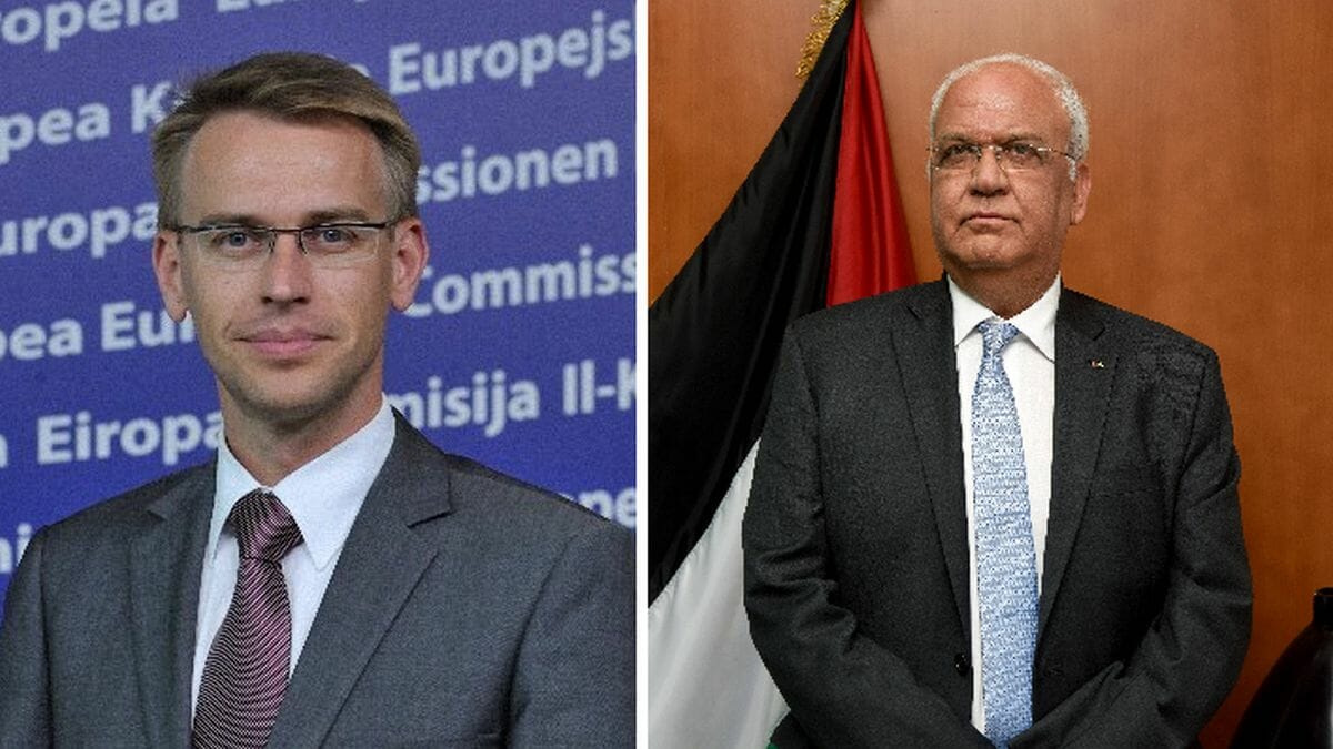 Außenpolitischer Sprecher der EU Peter Stano und Chefunterhändler der Palästinensischen Autonomiebehörde Saeb Erekat kritisieren Serbien und Kosovo
