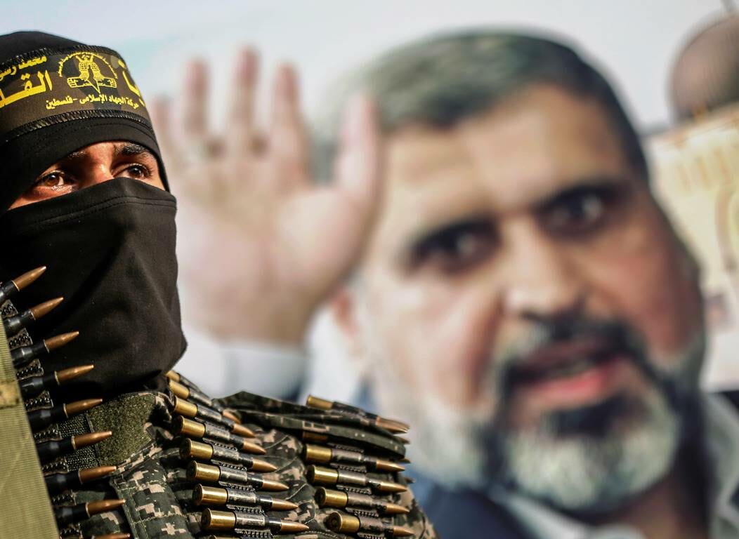 Terrorist des Palästinensischen Islamischen Dschihad bei einer Trauerfeier für seinen verstorbenen Anführer in Gaza. (© imago images/ZUMA Wire)