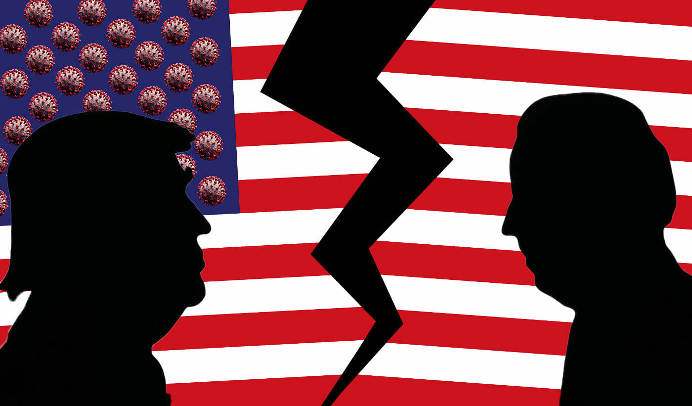 Illustration, Silhouette von Trump und Biden vor der zerrissenen Flagge der USA und Coronaviren