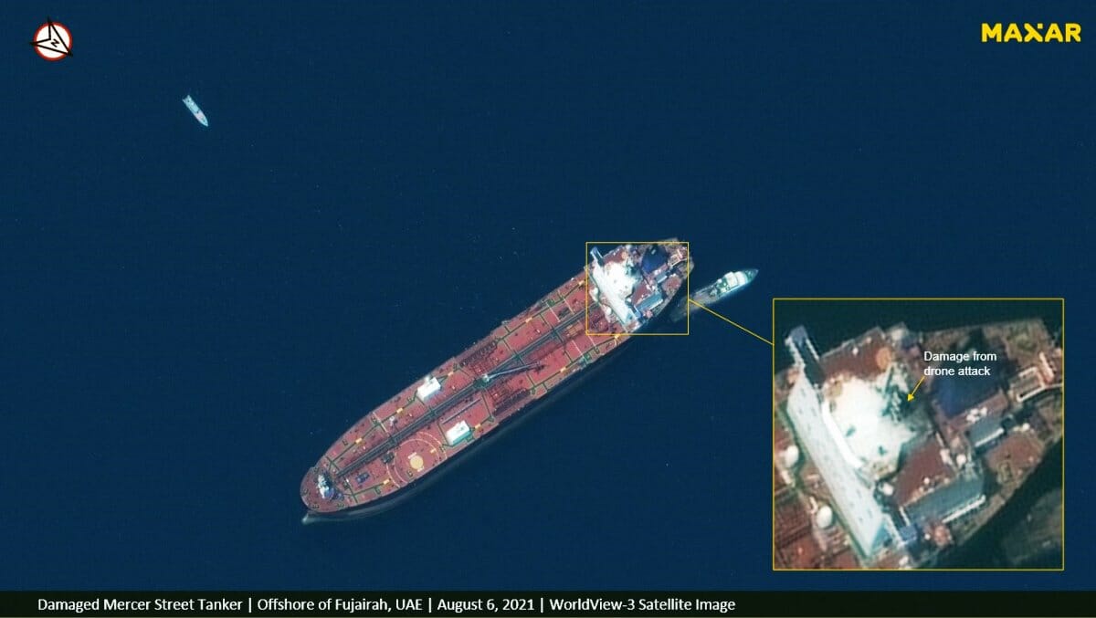 Satellitenbild der beschädigten Mercer Street. Die G7 machen den Iran für den Angriff verantwortlich. (Maxar Technologies/Twitter)