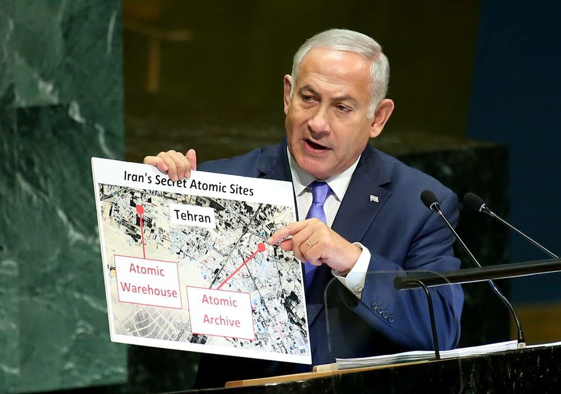 Im September 2018 präsentierte der damalige israelische Premier voder Generalversammlung der Vereinten Nationen Erkenntnisse aus dem entwendeten iranischen Atomarchiv. (© imago images/UPI Photo)