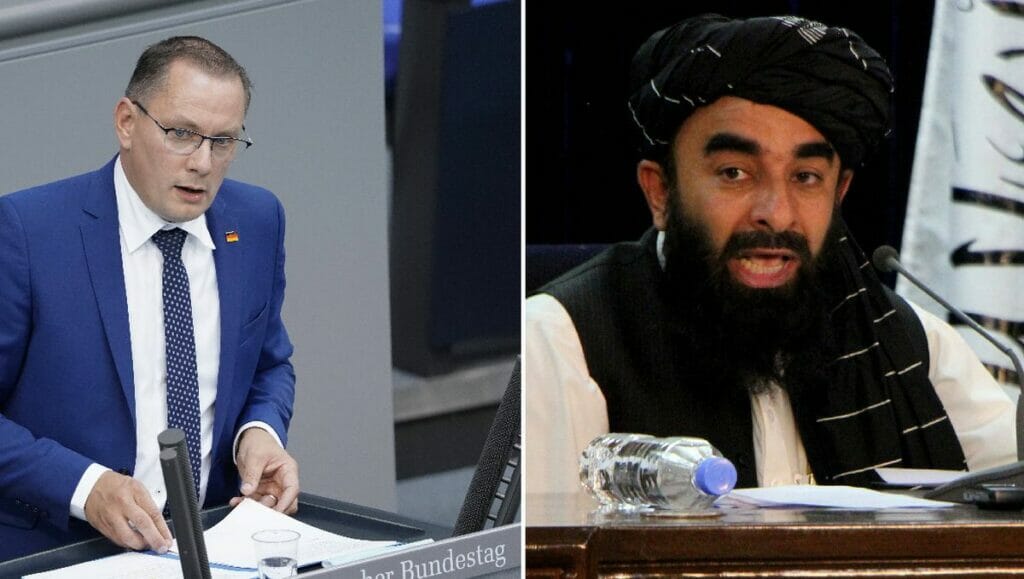 AfD-Vorsitzender Tino Chrupalla, Taliban-Sprecher Zabihullah Mujahid