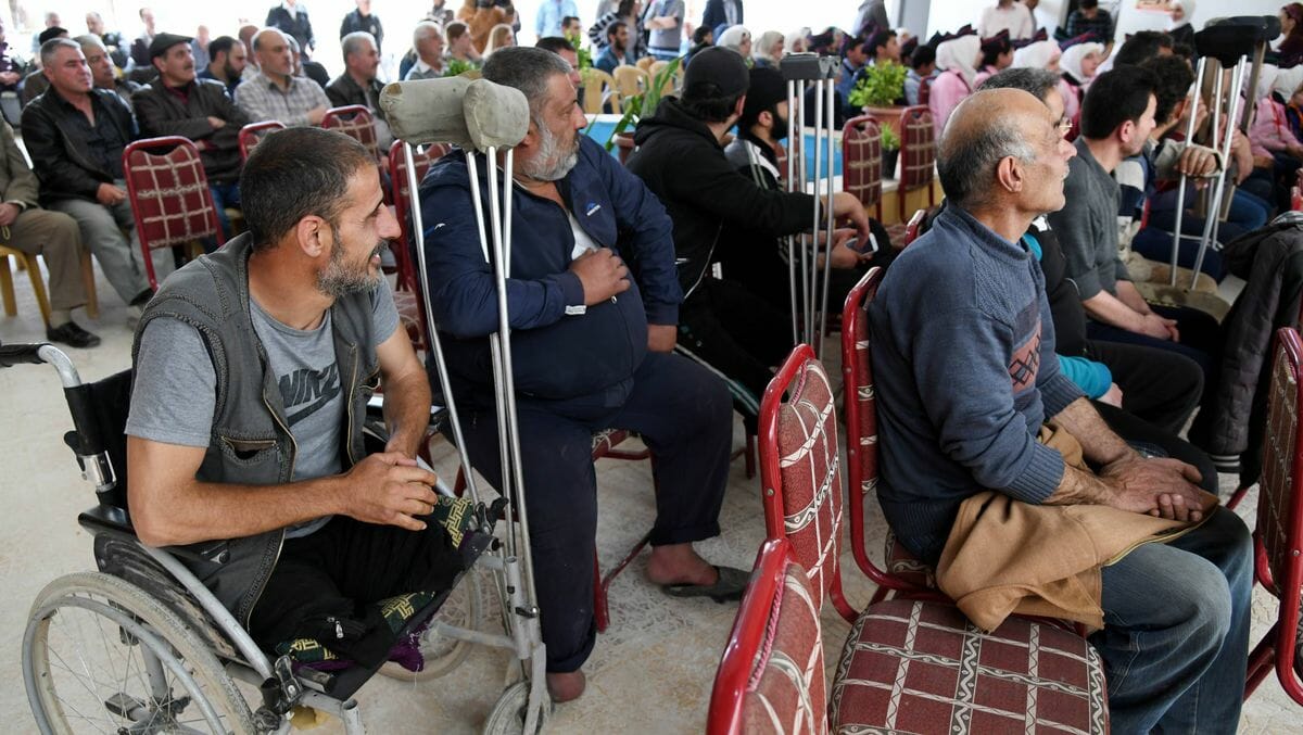 Syrische Mienenopfer bei einer Veranstaltung, die Bewusstsein für die Gefahren schaffen soll