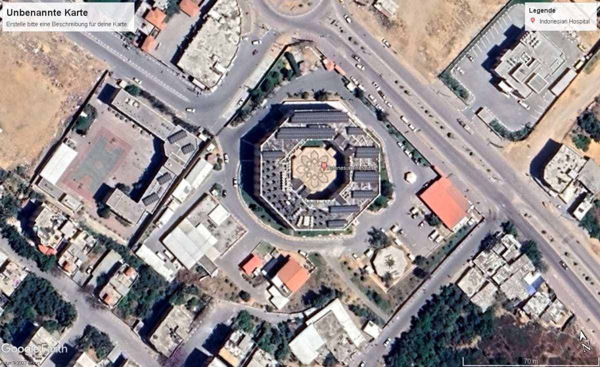 Das indonesische Krankenhaus in Gaza, dem die Hamas Treibstoff entwendete. (Quelle: Google Earth)