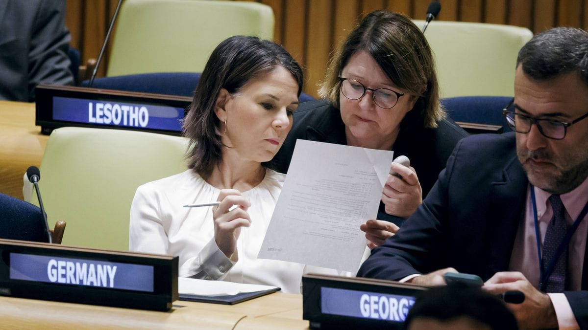 Die deutsche Außenministerin Annalena Baerbock bei der UNO-Generalversammlung um September 2023