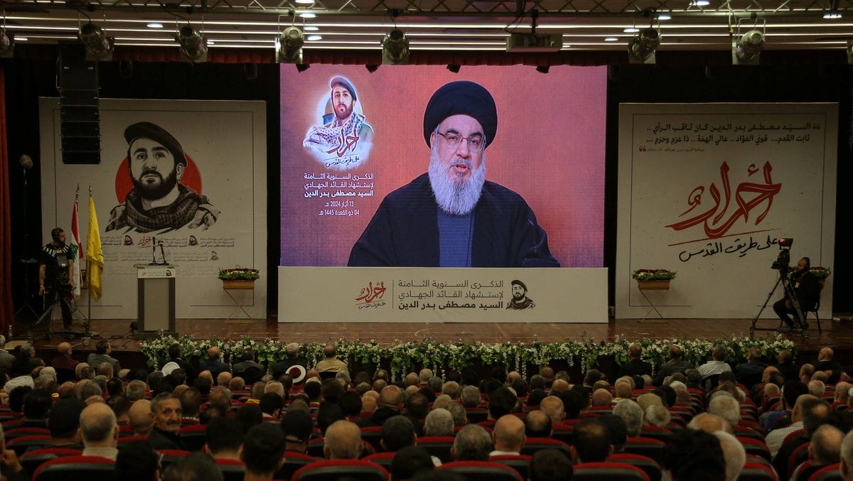 Hisbollah-Chef Hassan Nasrallah bei einer Videoansprache vor Anhängern
