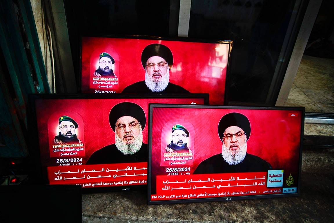 Hisbollah-Chef Hassan Nasrallah bei seiner Rede am Sonntag. (© imago images/SOPA Images)