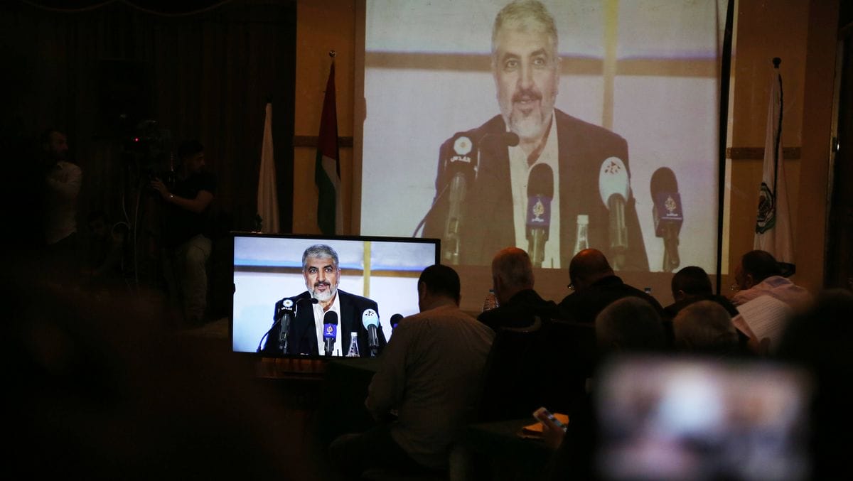 Übertragung einer Rede des in Katar lebenden Hamas-Führers Khaled Mashal in Gaza-Stadt