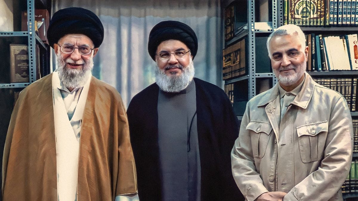 Hisbollah-Chef Nasrallah mit Irans Oberstem Führer Khamenei und Revolutionsgraden-Kommandeur Soleimani