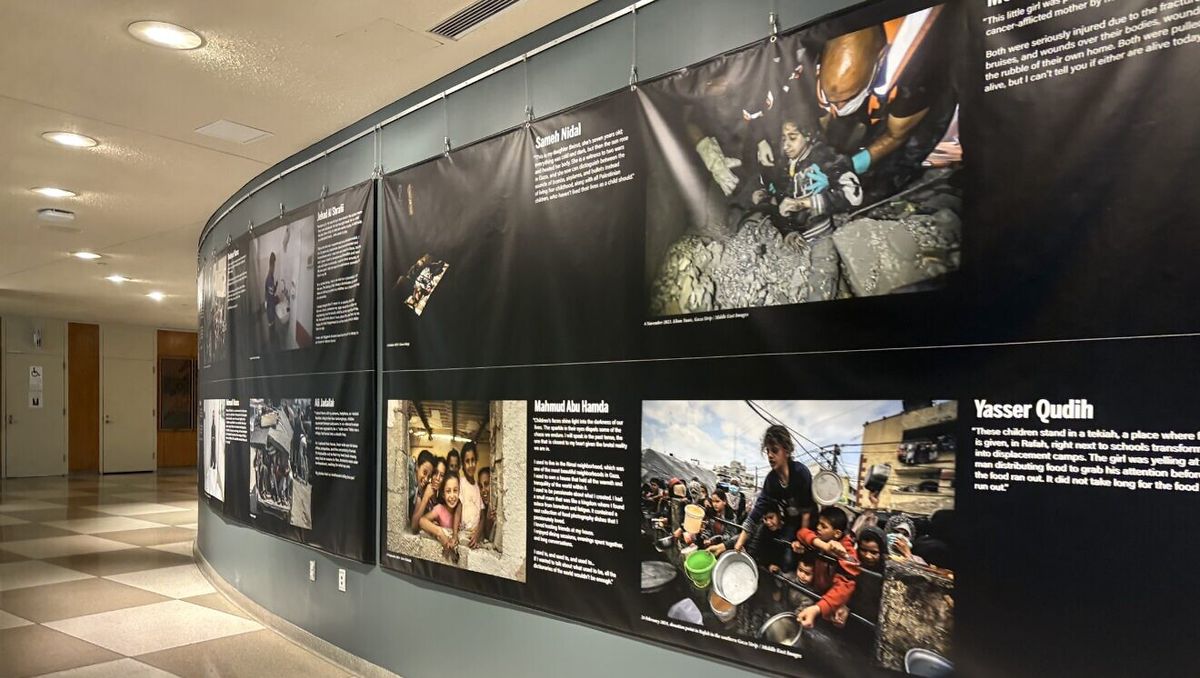 Die Fotoausstellung »Gaza, Palästina: Eine Krise der Menschlichkeit, ein Schrei nach Gerechtigkeit« im Foyer der UNO in New York