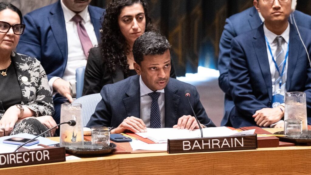 Der UN-Botschafter Bahrains, Jamal Fares Alrowaiei, bei der Sicherheitsratsdiskussion über den Iran