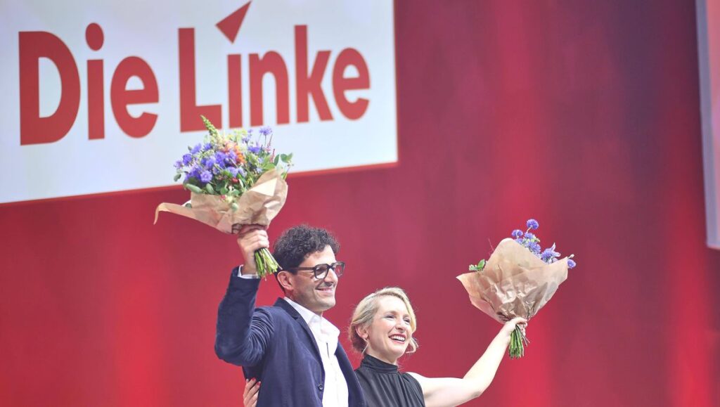 Die beiden Vorsitzenden der Linkspartei, Luigi Pantisano und Ines Schwerdtner