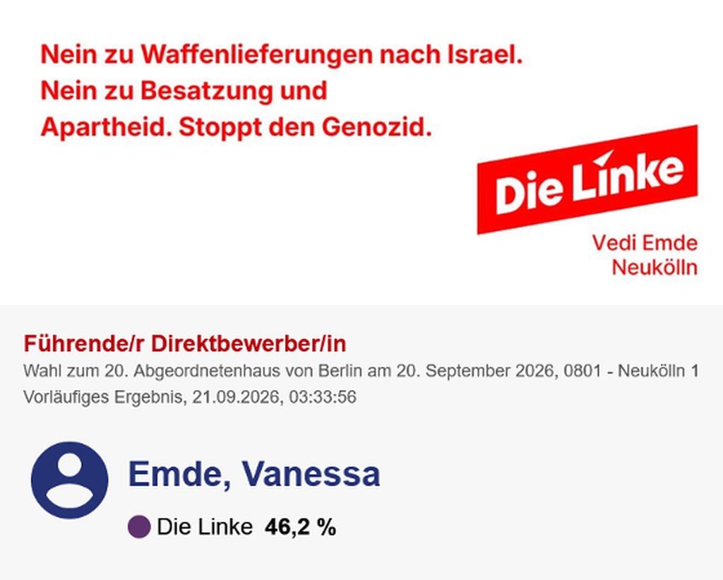 Screenshots eines Instagrambeitrages der Berlin-Neuköllner Direktkandidatin Vanessa »Vedi« Emde (Die Linke) und einer Wahlergebniswebsite des Landeswahlleiters für Berlin.