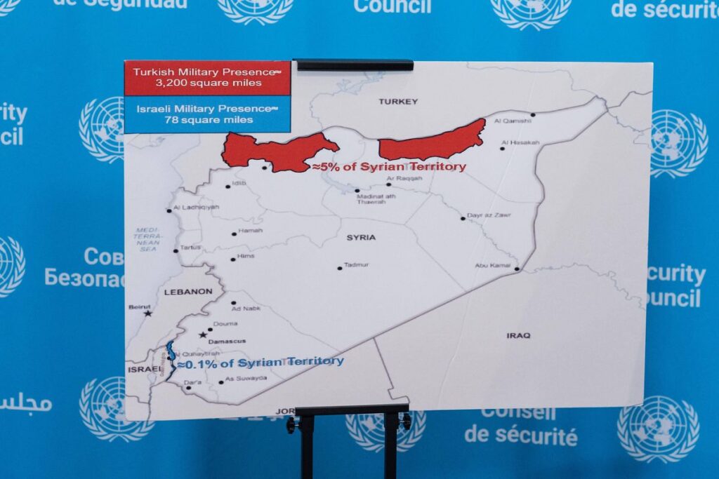 Gebiete in Syrien, die aktuell von Israel (blau) und der Türkei (rot) gehalten werden